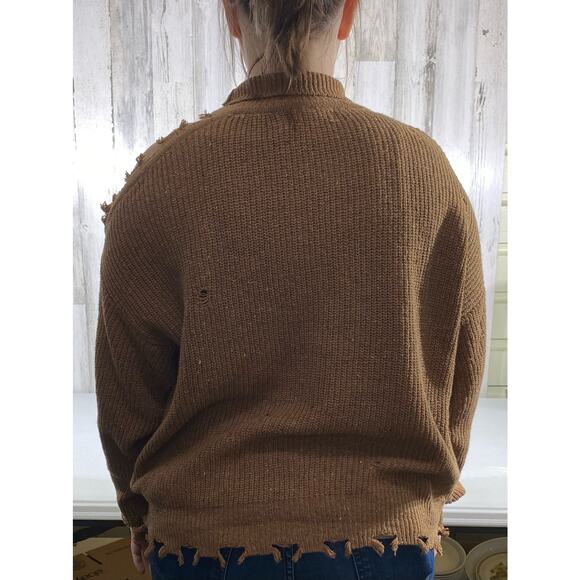 Zenana Sweater Size Medium Brown Color Flecks Open Shoulder Distressed Oversized - Picture 2 of 11